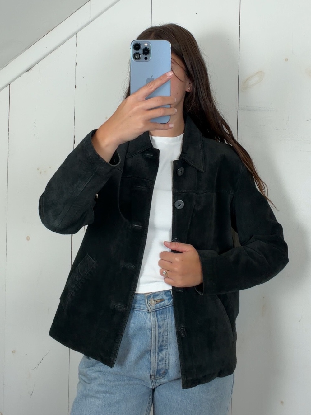 Vintage Black Suede Leather Button Front Collared Short Jacket Women’s Small 90s